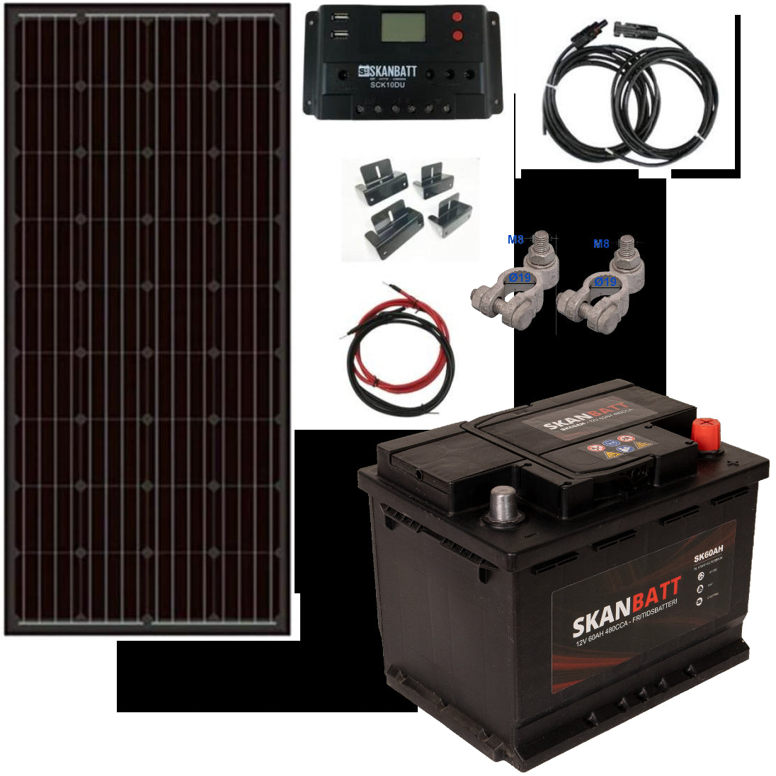 SKANBATT Solcellepakke HYTTE komplett - Mini - 12V - 80W - 60Ah fritidsbatteri - Image 1