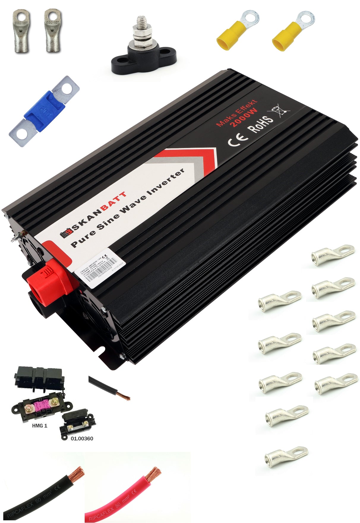 Inverter Strømpakke Stor (2000W) M/Kit 1,8M Kabel