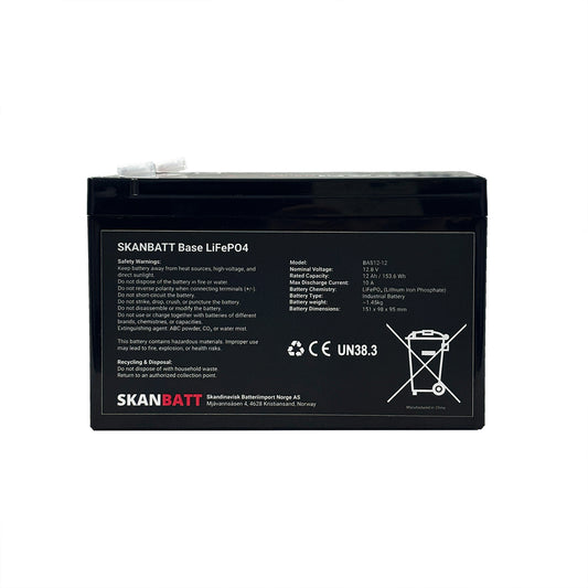 SKANBATT Base Lithium - 12V 12Ah 10A BMS - 151x98x95mm - 3 Års garanti