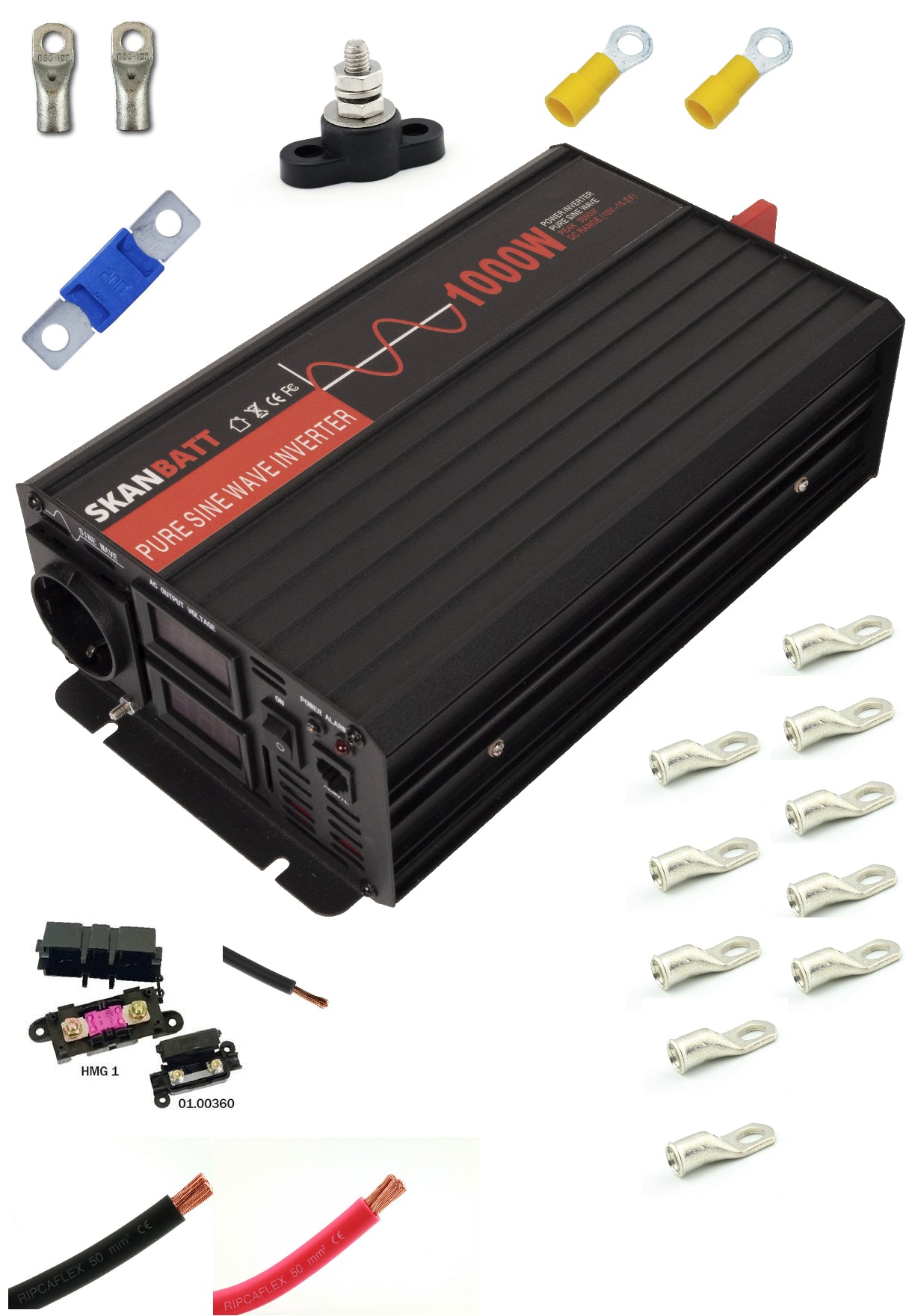 Inverter Strømpakke 1000W M/Kit 2M Kabel