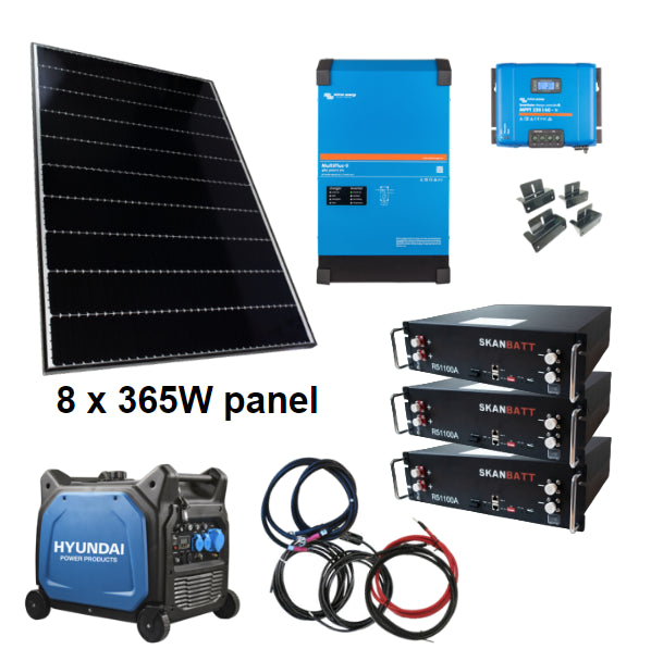 Skanbatt / Victron Kraftpakke 230V 8000Va - 2680W (8X335W) Solceller - Med Lithium Batterier Og Hyundai 6500W Aggregat