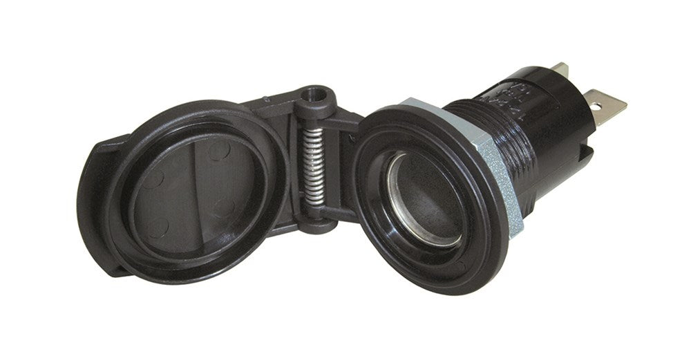 DIN 12/24V uttak for innfelling m/lokk med fjær 16A 12-24V sort - Image 1