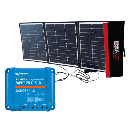 Sammenleggbart 180W solcellepanel med Victron SmartSolar MPPT 75/15-regulator