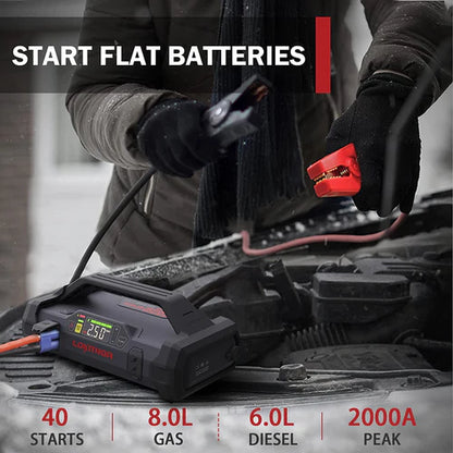 Lokithor Lithium Startbooster 2000A Med 150 Psi Luftkompressor shown in angle view