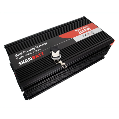 SKANBATT Inverter 12V 3000W Ren Sinus med Nettprioritering, Trådløs Fjernkontroll