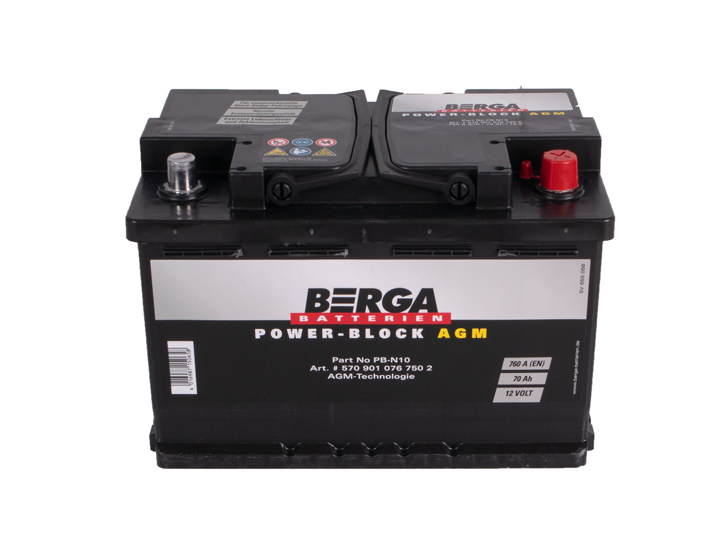Berga Power Block Agm 12V 70Ah 760Cca shown in angle view