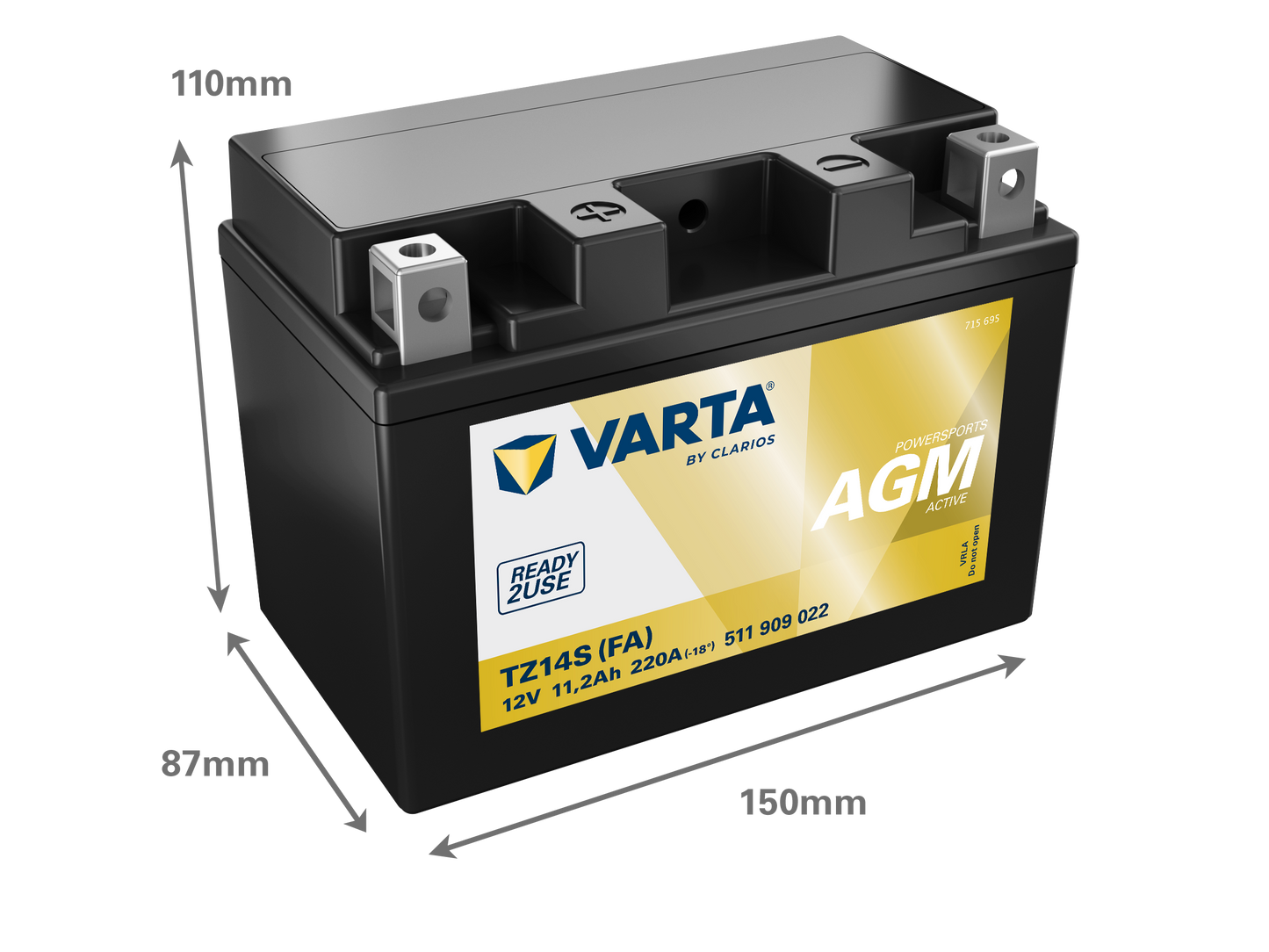 VARTA AGM MC Batteri 12V 11,2AH 220CCA (150x87x110mm) +vänster TZ14S (FA)