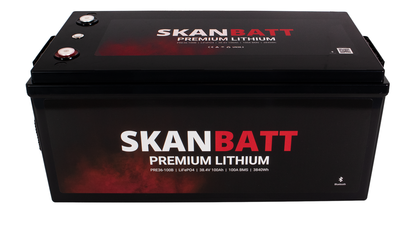 SKANBATT Premium Lithium - 36V 100Ah 100A BMS - 522x268x218mm - Bluetooth - 8 Års garanti