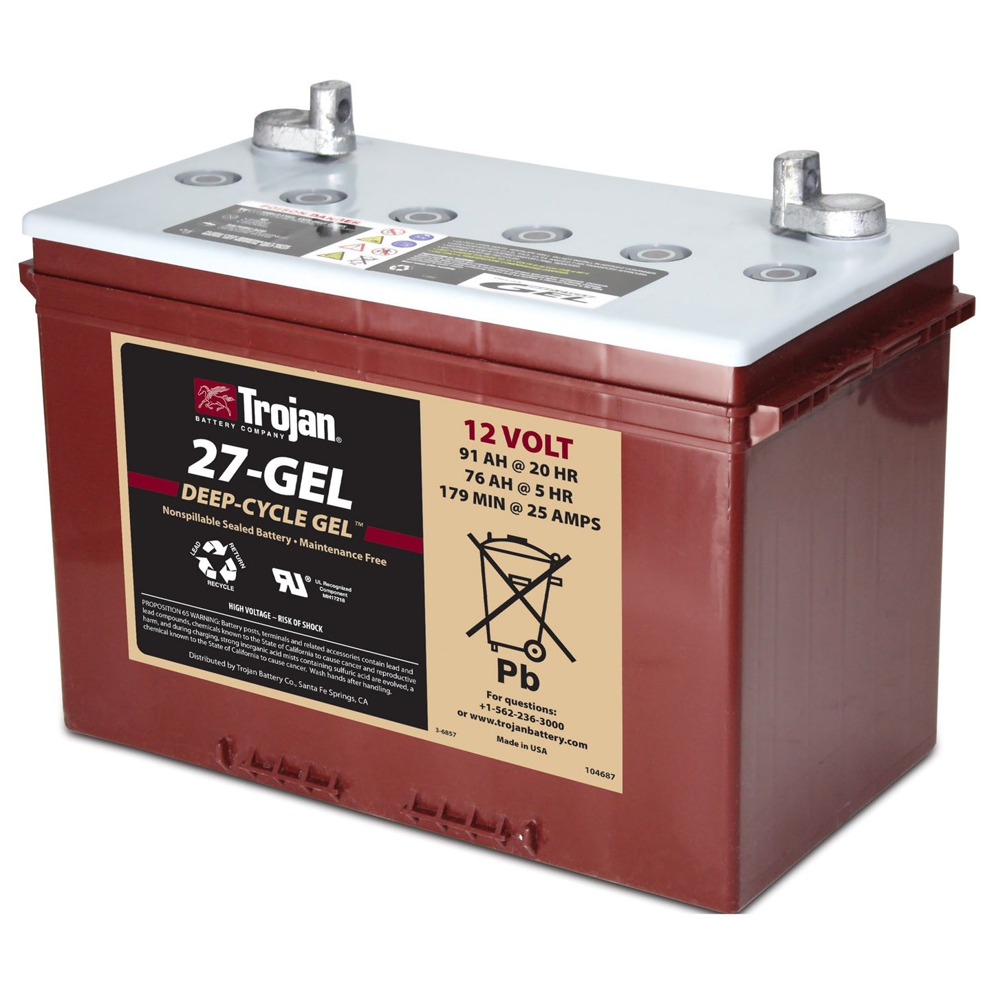 TROJAN GEL Deep Cycle Traktionsbatteri 12V 91Ah (323x162x235mm) +vänster