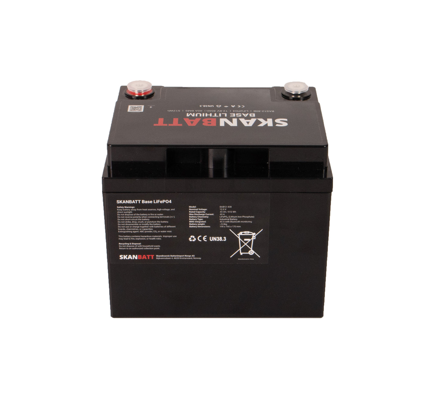 SKANBATT Base Lithium - 12V 40Ah 40A BMS - 198x166x170mm - Bluetooth - 3 Års garanti