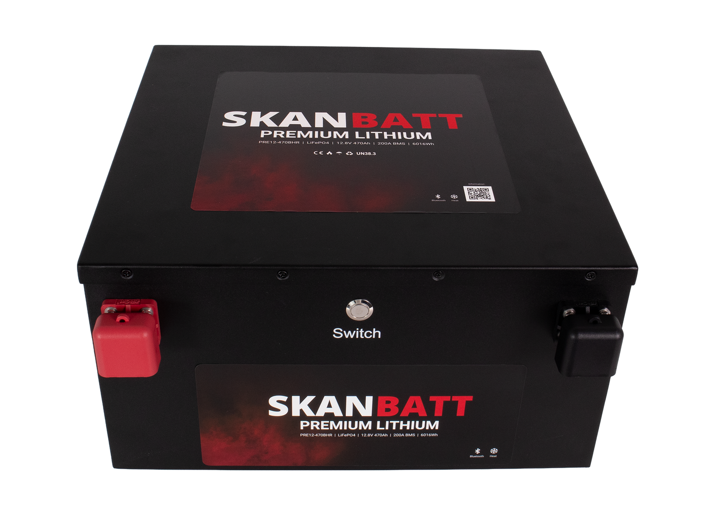 SKANBATT Premium Lithium - 12V 470Ah 200A BMS - 360x350x190mm - Bluetooth - Heat - 8 Års garanti - "Under setet" modell