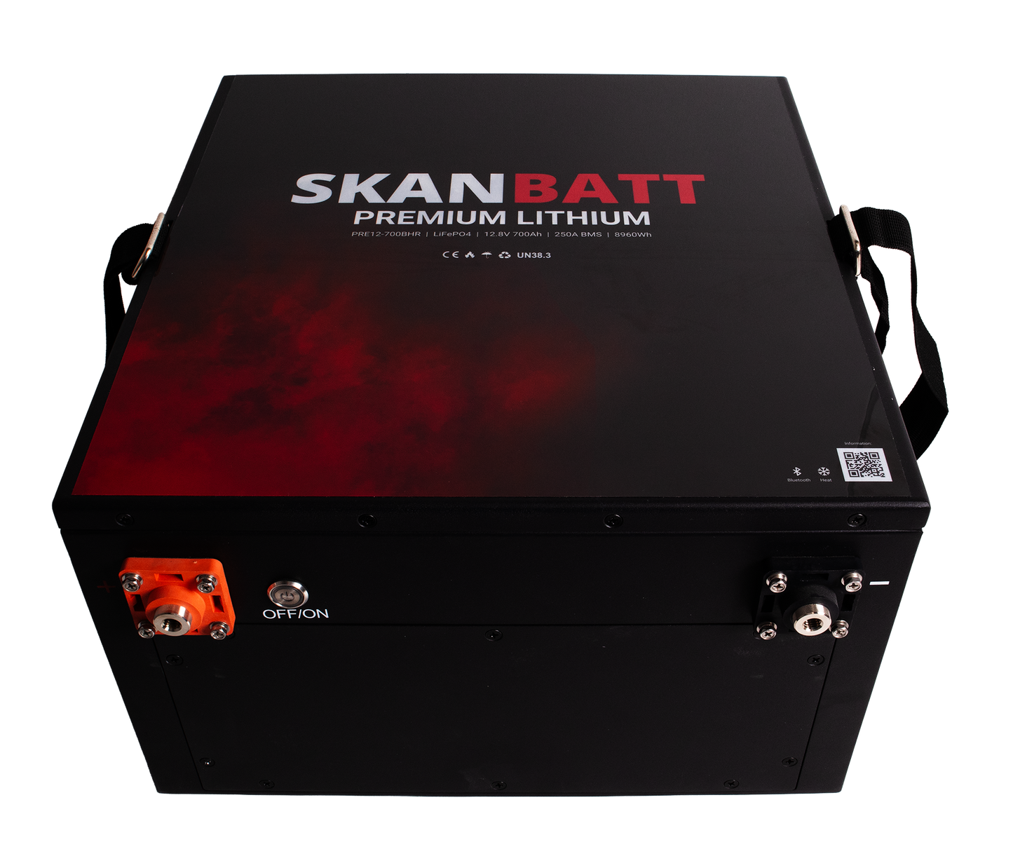 SKANBATT Premium Lithium - 12V 700Ah 250A BMS - 380x360x220mm - Bluetooth - Heat - 8 Års garanti - "Under setet" modell
