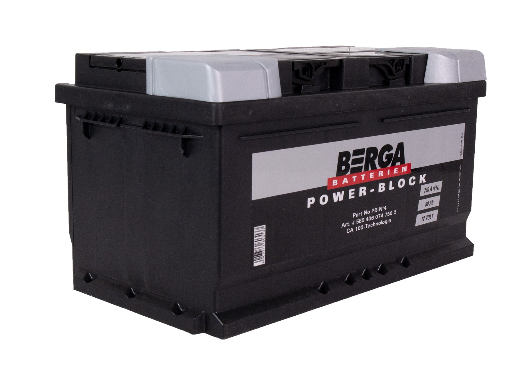 BERGA Power Block 12V 80AH 740CCA shown in angle view