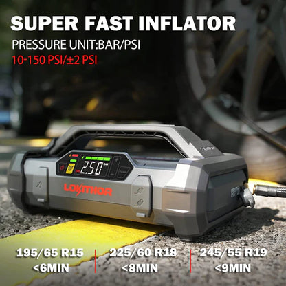 Lokithor Lithium Startbooster 2000A Med 150 Psi Luftkompressor shown in detail view