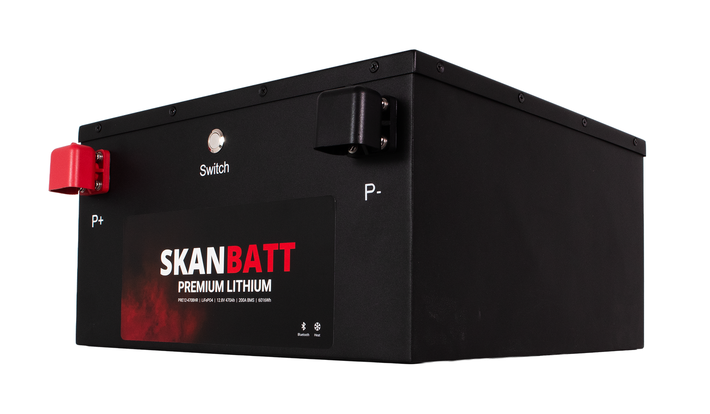 SKANBATT Premium Lithium - 12V 470Ah 200A BMS - 360x350x190mm - Bluetooth - Heat - 8 Års garanti - "Under setet" modell