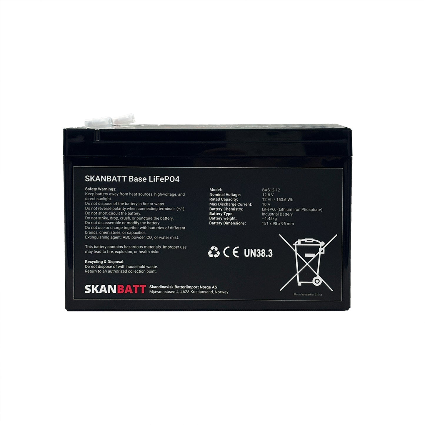 SKANBATT Base Lithium - 12V 12Ah 10A BMS - 151x98x95mm - 3 Års garanti