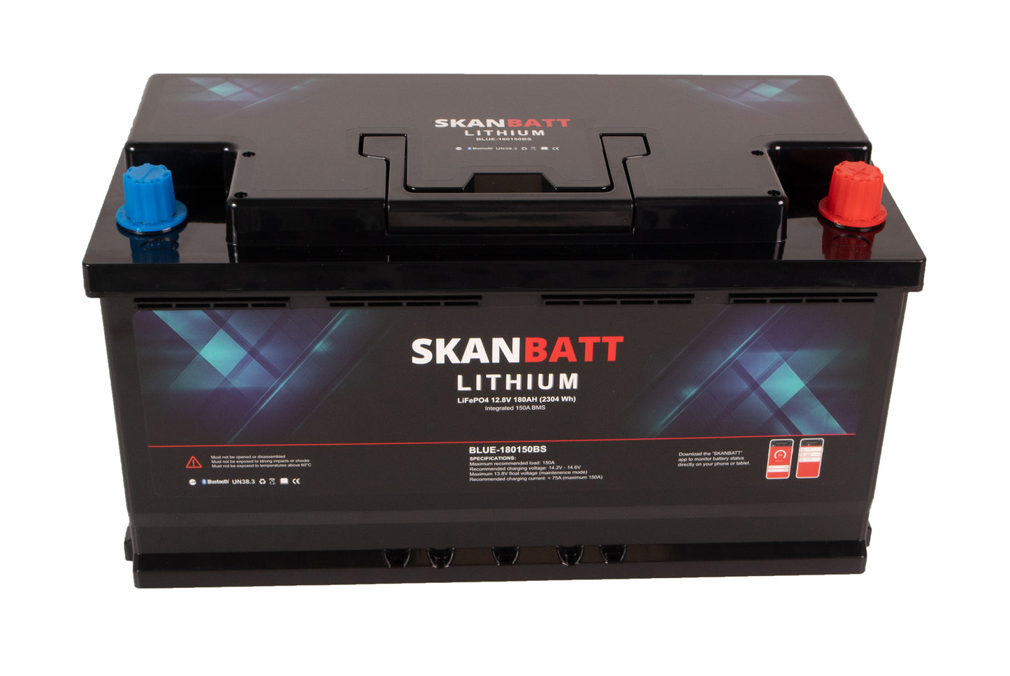 Skanbatt Lithium Batteri 12V 180Ah 150A Bms - Bluetooth - Bobil - 355X176X190Mm shown in angle view