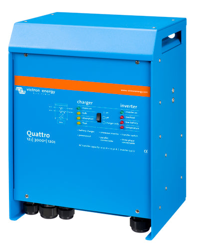 Victron Quattro 12/3000/120-50/50 Kombinert Batterilader Og Inverter shown in angle view