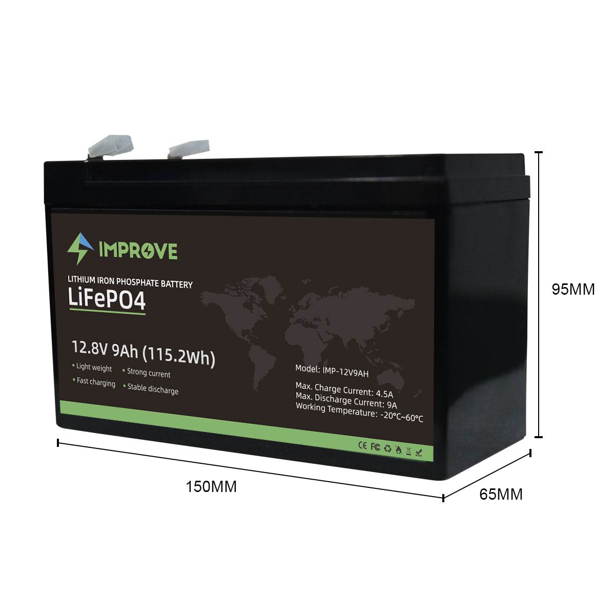 IMPROVE Lithium Batteri 12V 9Ah (LiFePO4) BMS 9A - Image 4