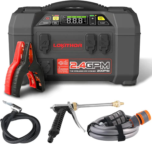 LOKITHOR Lithium Startbooster 2500A med 150 PSI Luftkompressor og 1.5 MPA bærbart høytrykkspylersett - Image 1