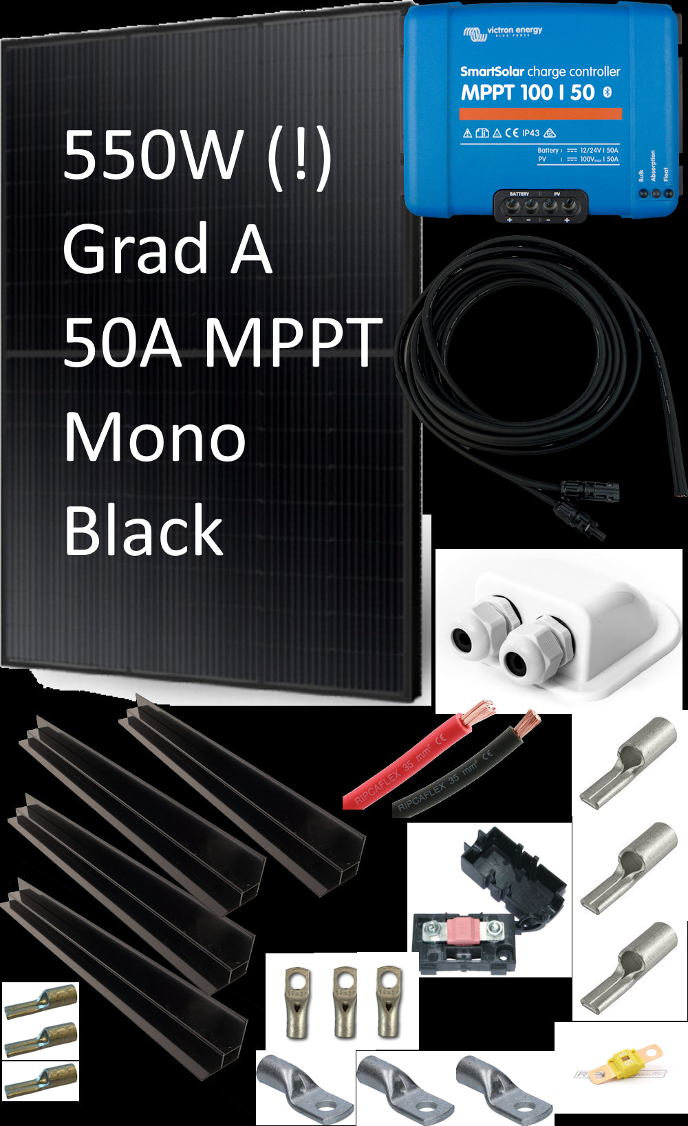 SKANBATT 2278x1134 En stk. 550w SKANBATT Black mono panel m/kompl. kit Victron MPPT m/BT