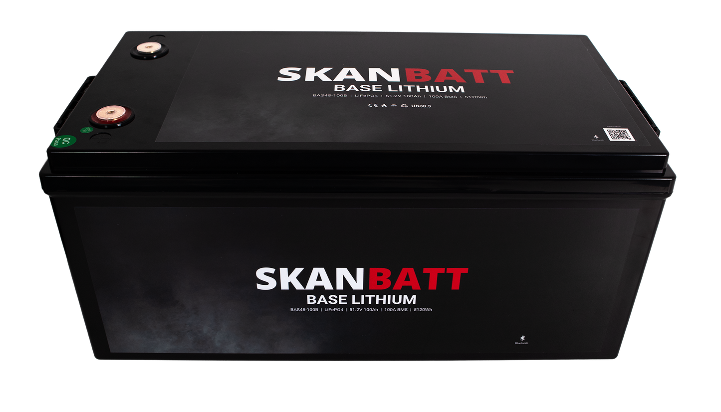SKANBATT Base Lithium Batteri - 48V 100AH 100A BMS - 522x268x218mm - Bluetooth - 3 Års garanti
