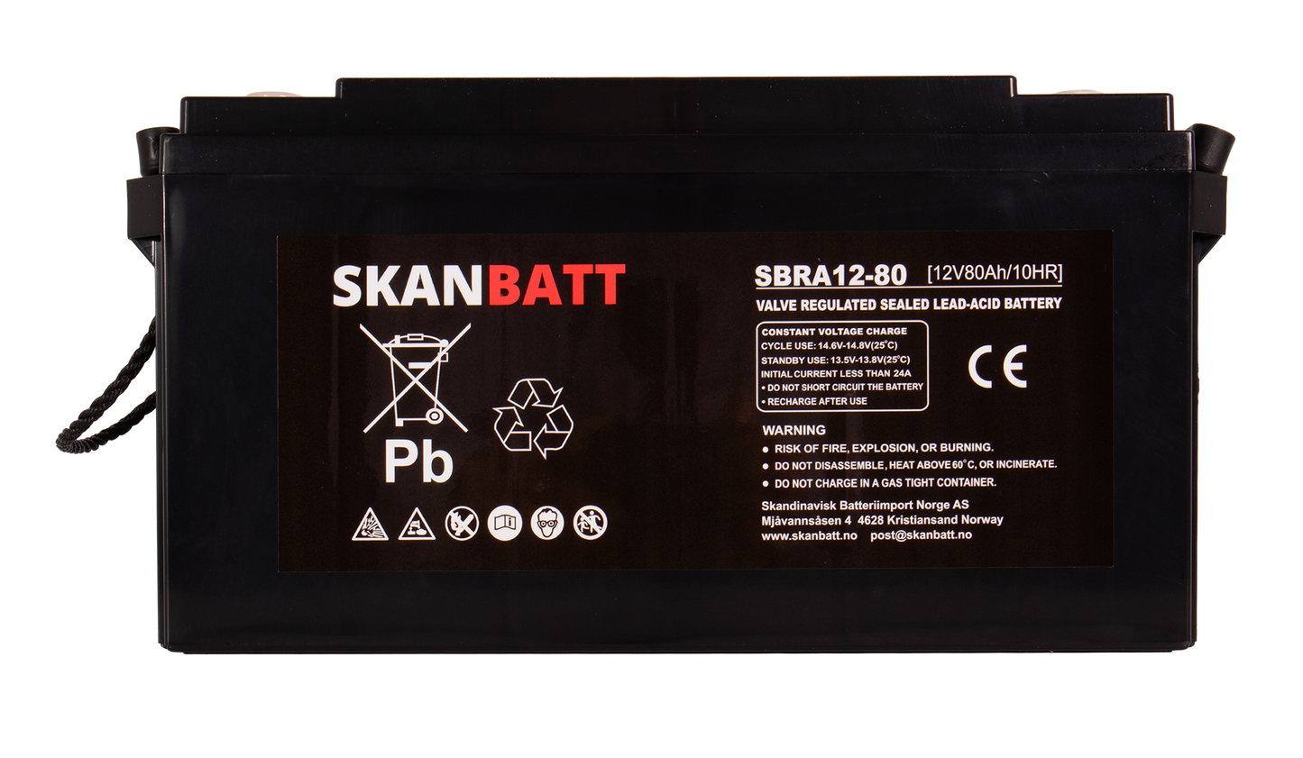 SKANBATT AGM Deep Cycle Batteri 12V 80AH C10 (350x167x182mm) +venstre