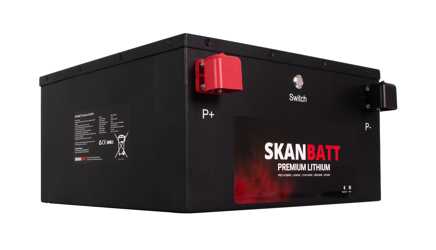 SKANBATT Premium Lithium - 12V 470Ah 200A BMS - 360x350x190mm - Bluetooth - Heat - 8 Års garanti - "Under setet" modell