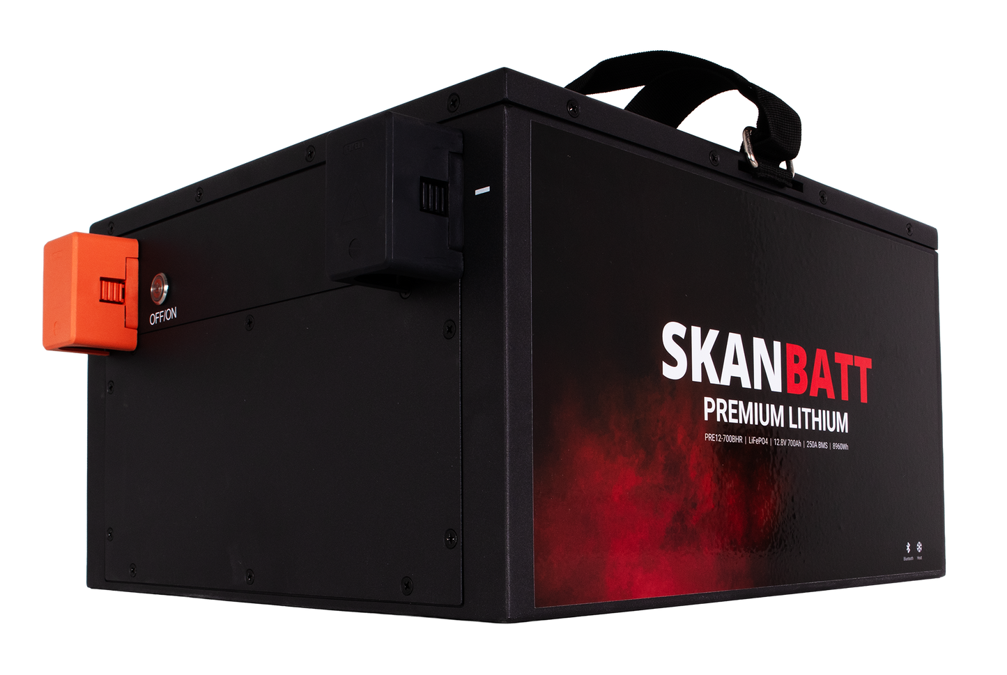 SKANBATT Premium Lithium - 12V 700Ah 250A BMS - 380x360x220mm - Bluetooth - Heat - 8 Års garanti - "Under setet" modell