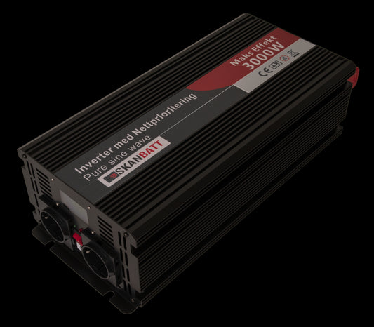 SKANBATT Inverter 12V 3000W Ren Sinus med Nettprioritering, Trådløs Fjernkontroll
