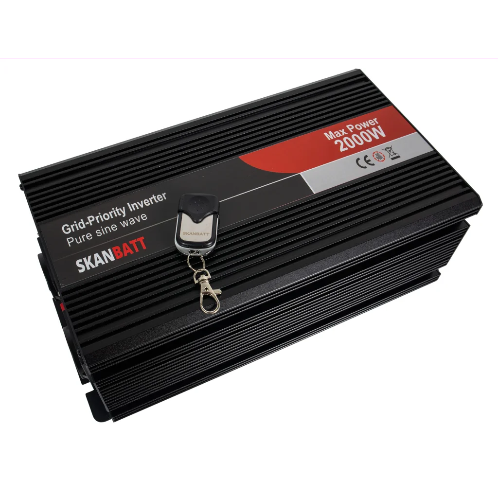 SKANBATT Inverter 12V 2000W Ren Sinus med Nettprioritering og Trådløs Fjernkontroll 415x165x120mm