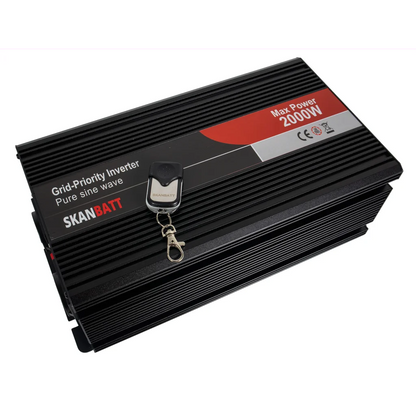 SKANBATT Inverter 12V 2000W Ren Sinus med Nettprioritering og Trådløs Fjernkontroll 415x165x120mm
