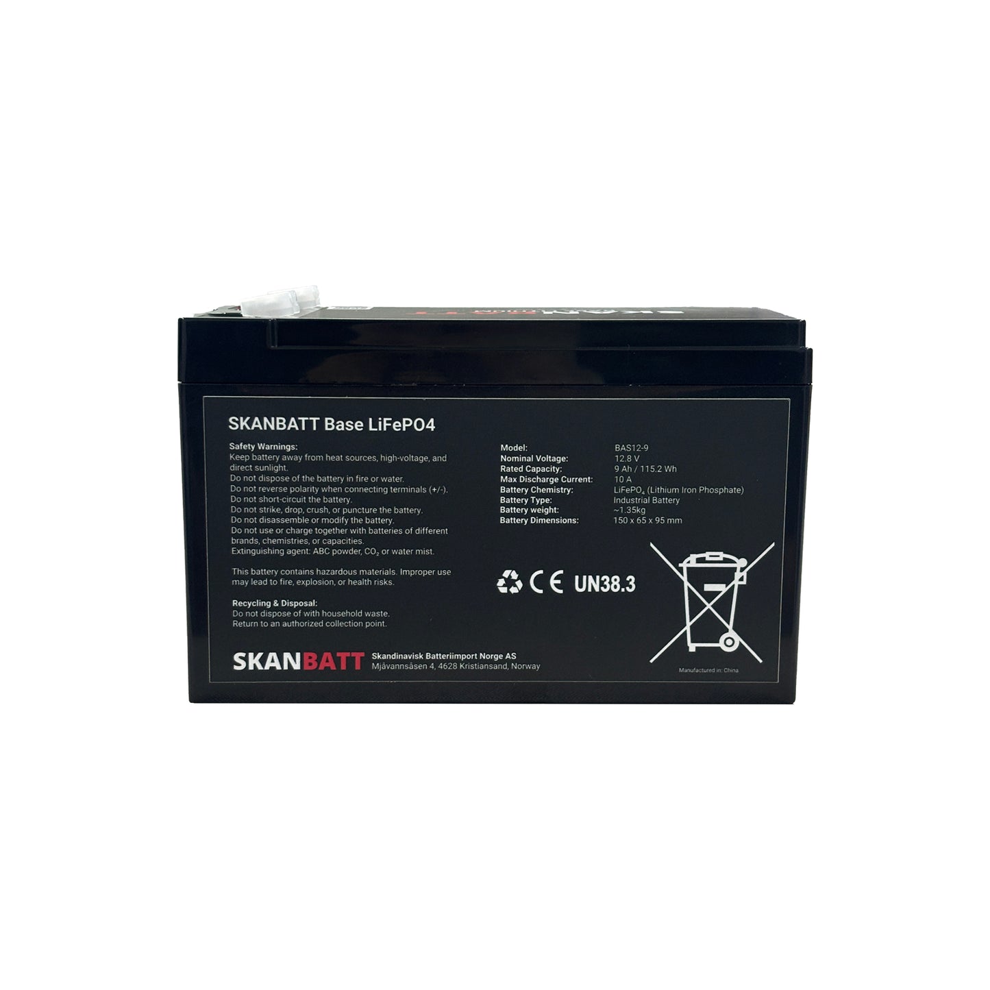 SKANBATT Base Lithium - 12V 9Ah 10A BMS - 150x65x95mm - 3 Års garanti