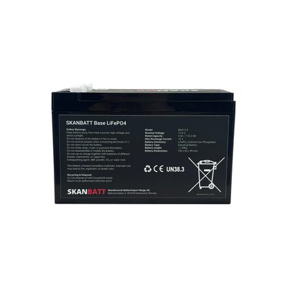 SKANBATT Base Lithium - 12V 9Ah 10A BMS - 150x65x95mm - 3 Års garanti shown in angle view