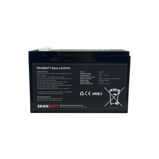 SKANBATT Base Lithium - 12V 9Ah 10A BMS - 150x65x95mm - 3 Års garanti
