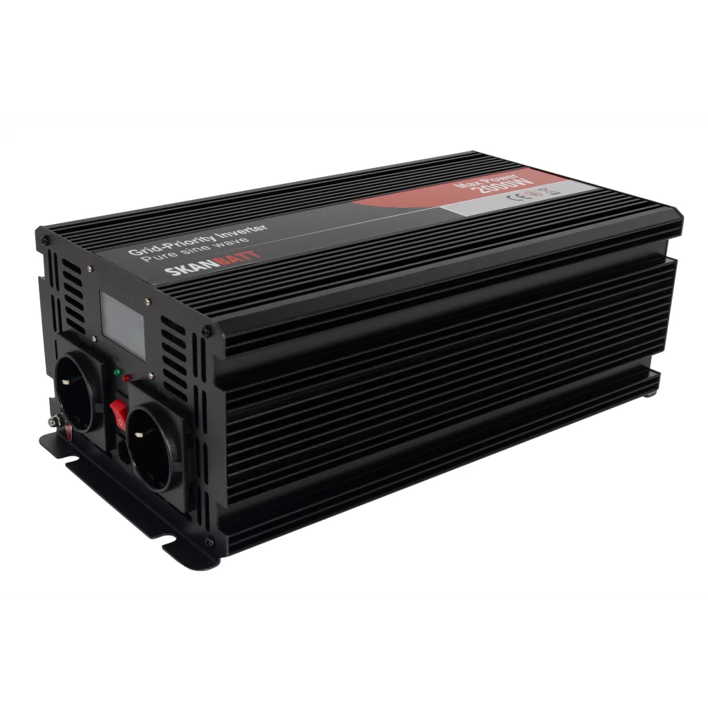 SKANBATT Inverter 12V 2000W Ren Sinus med Nettprioritering og Trådløs Fjernkontroll 415x165x120mm